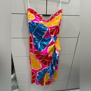 Vintage Silk Vibrant Leaf-Print Strapless Dress in Pink, Blue & Yellow M